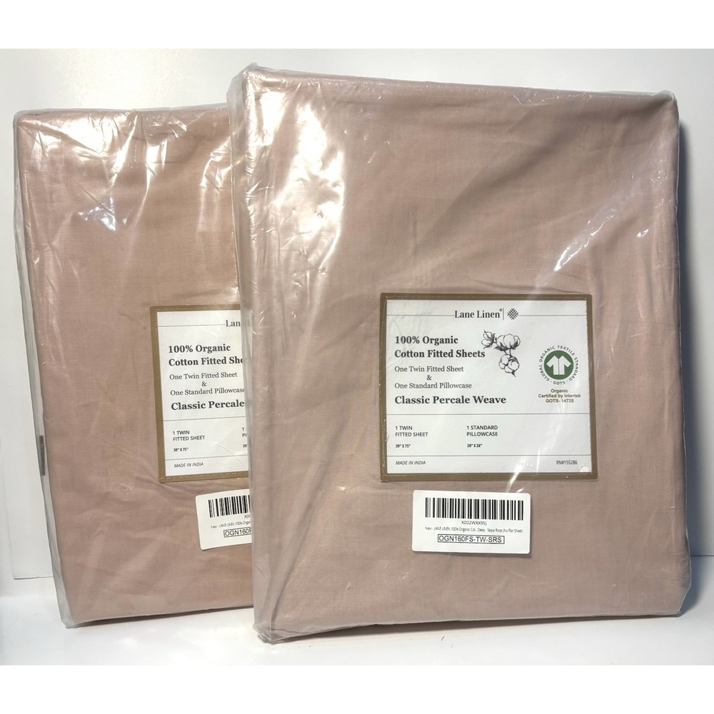 Set of 2 Lane Linen Organic Cotton Twin Fitted Sheet & Pillowcase Sepia Rose